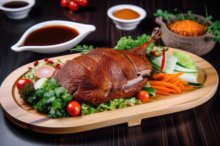 duck, fried and seasoned to perfection, served with vegetables on side, created with generative aiの素材