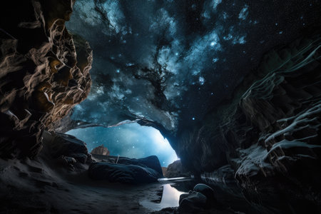 frozen cavern, with view of the stars and celestial bodies above, created with generative aiの素材