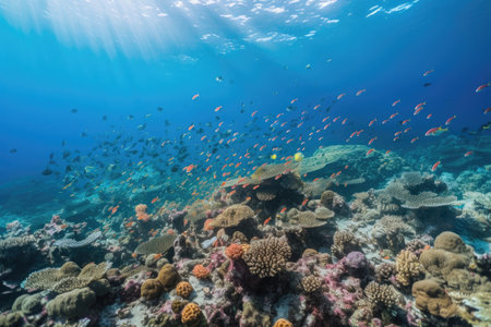 fish swimming among colorful coral reef in scuba diving and snorkeling, created with generative aiの素材