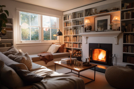 a cozy living room with a fireplace and bookshelves, perfect for curling up on the couch, created with generative aiの素材