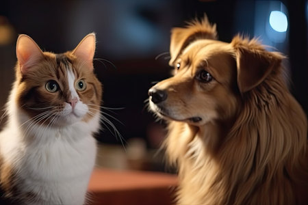 cute cat and dog in a scene of a popular television series, engaged in friendly competition, created with generative aiの素材