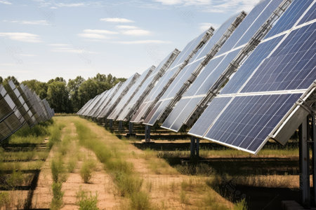 solar panel farm, with rows of panels and turbines in the background, created with generative aiの素材