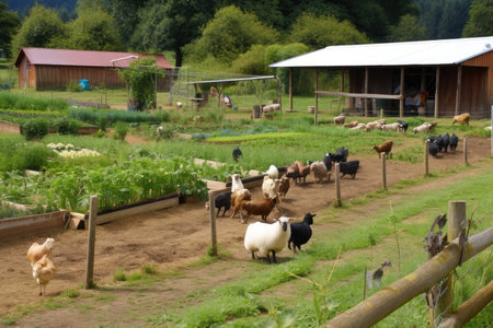 organic farm, with rows of crops and free-range livestock, created with generative aiの素材
