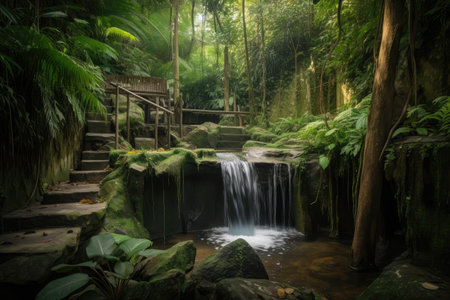 forest with cascading waterfall, perfect for taking a peaceful bath, created with generative aiの素材