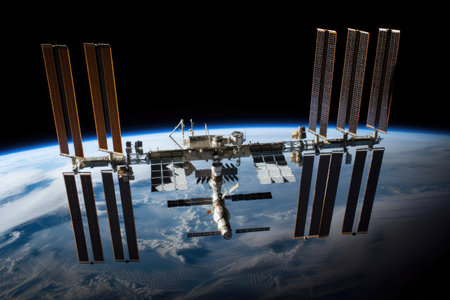 a space station, with the vastness of space visible in the background, created with generative aiの素材