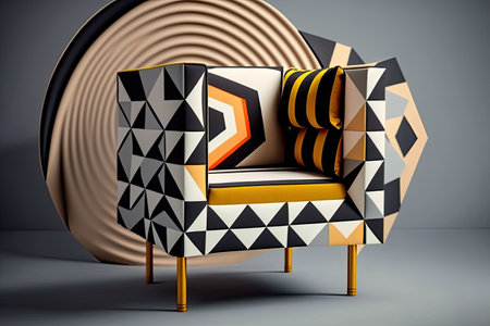 minimalist armchair with sleek and simple lines, surrounded by bold geometric patterns, created with generative aiの素材