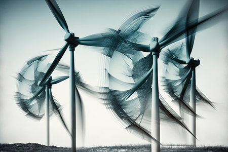 energy industry double exposure of sleek wind turbines, with their blades spinning in the wind, created with generative aiの素材