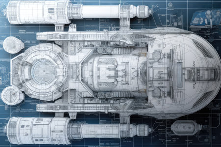 architectural blueprints of futuristic space station, complete with schematics and technical details, created with generative aiの素材