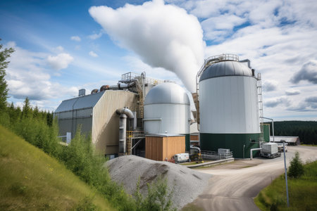 bioenergy plant, with towering biomass boilers and steam rising from them, created with generative aiの素材