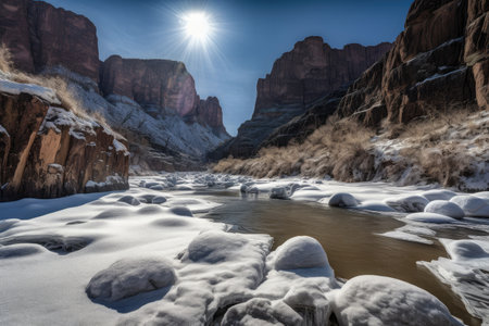 frozen river with canyon walls and towering peaks in the background, created with generative aiの素材