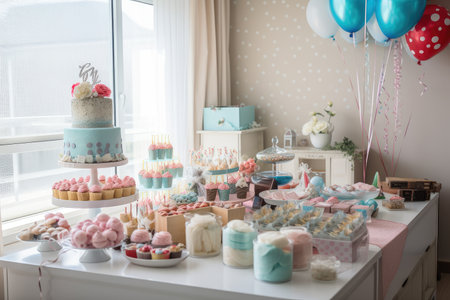 cupcake-themed birthday party with decorations, cake, and presents, created with generative aiの素材