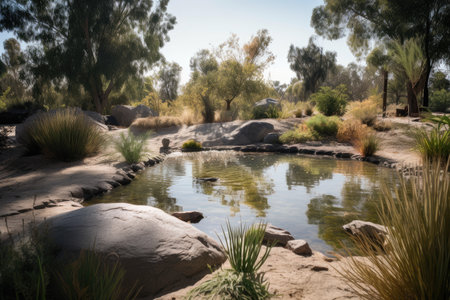 freshwater oasis in the middle of a dry and arid environment, created with generative aiの素材