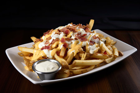 deluxe plate of fries with cheese, bacon, and ranch dip, created with generative aiの素材