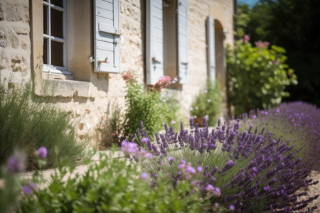 french country house exterior with view of the garden, featuring rose and lavender blooms, created with generative aiの素材