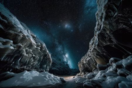 frozen cavern, with view of night sky and celestial bodies shining above, created with generative aiの素材