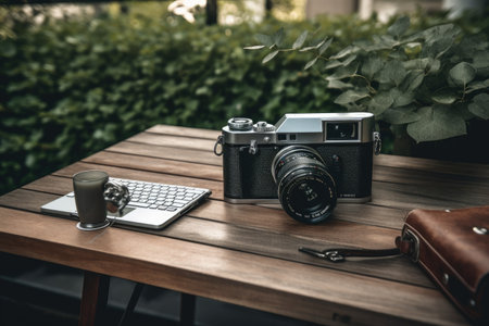 gig economy and freelancing in the modern world, with laptop computer and vintage camera, created with generative aiの素材