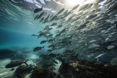 school of fish swimming in crystal-clear ocean waters, created with generative aiの素材