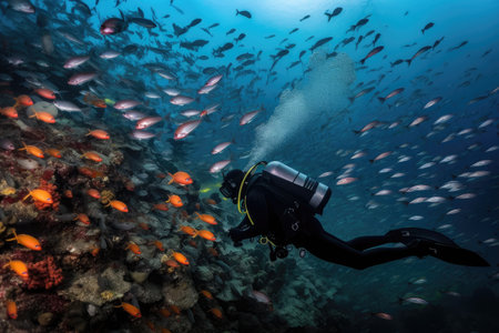 scuba diver swimming among schools of fish, surrounded by vibrant colors and textures, created with generative aiの素材