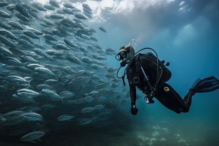 scuba diver surrounded by schools of fish in crystal-clear waters, created with generative aiの素材