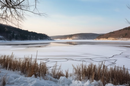 winter landscape, with a view of snowy hills and frozen lake, created with generative aiの素材