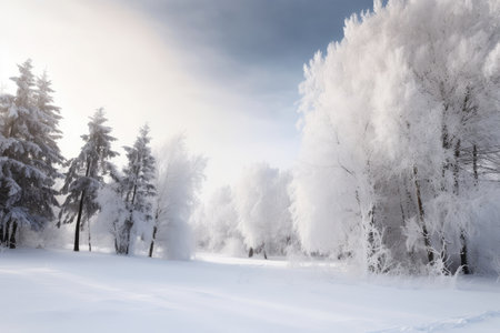 peaceful winter landscape with snow-covered trees, created with generative aiの素材