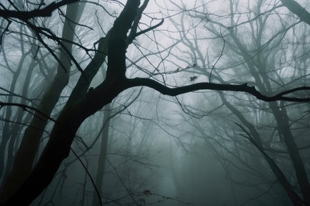 close-up of tree branches and fog in forest, with the sounds of nature, created with generative aiの素材