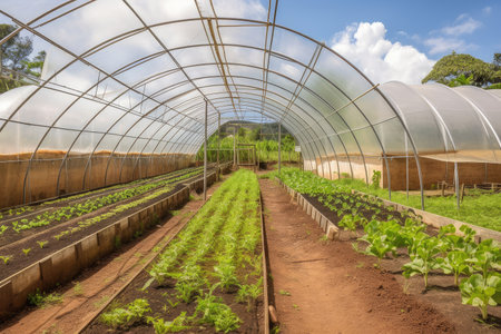 system of greenhouses that supply fresh produce to community, created with generative aiの素材