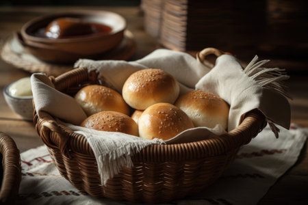 basket of warm and crusty bread rolls, perfect for breakfast or snack, created with generative aiの素材