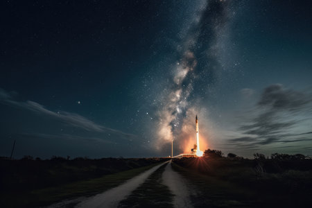 rocket launch visible against backdrop of starry sky, created with generative aiの素材