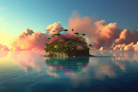surreal float island, with view of sunset and blooming clouds in the background, created with generative aiの素材