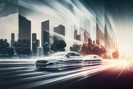 double exposure of car driving past modern cityscape, with blurred foreground and background for added effect, created with generative aiの素材