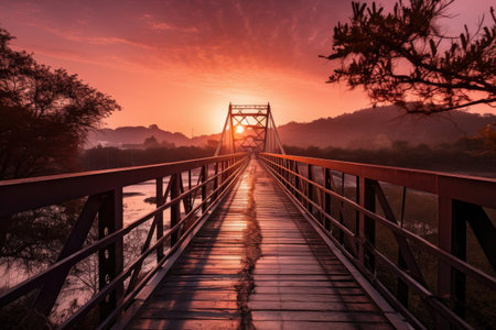 traveling along a bridge with stunning view of the sunrise, with orange and pink hues shining through, created with generative aiの素材