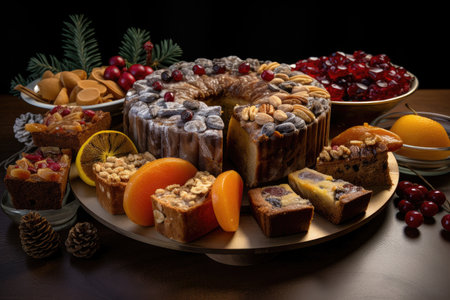 fruitcake platter, with a selection of different types and flavors of cake, created with generative aiの素材