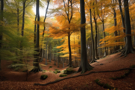beech forest, with leaves changing to vibrant autumn colors, created with generative aiの素材