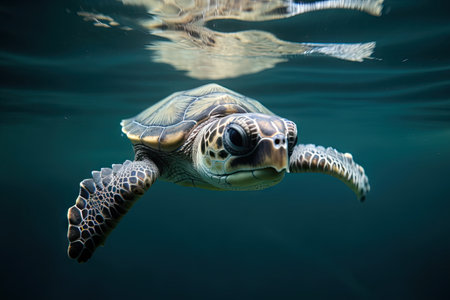baby turtle swimming in the ocean, with its flippers and head sticking out of the water, created with generative aiの素材