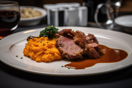 plate of fried duck, paired with mashed sweet potatoes and gravy, created with generative aiの素材