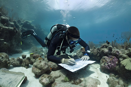 marine biologist, conducting research on the ocean floor, surrounded by schools of fish, created with generative aiの素材