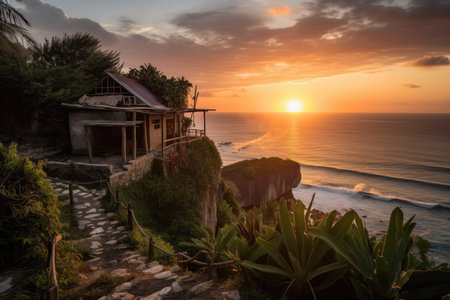 off-the-beaten-path destination with spectacular views of sunrise or sunset, showcasing the natural beauty and power of the world, created with generative aiの素材