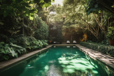 glittering swimming pool surrounded by lush greenery and warm sun, created with generative aiの素材