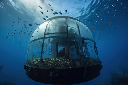 view of submersible rising from the depths, surrounded by schools of fish and other marine life, created with generative aiの素材