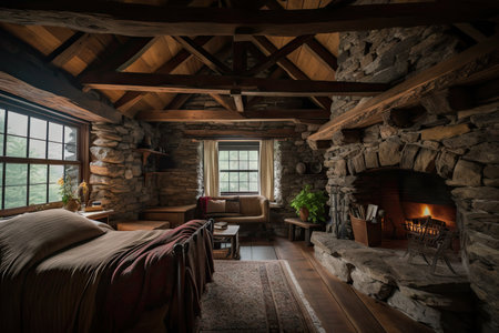 rustic cabin, with exposed wooden beams and natural stone fireplace, created with generative aiの素材