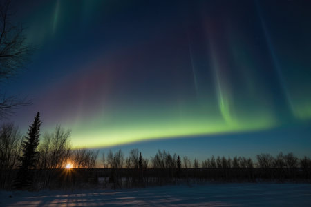 sun rising above aurora, bringing light to the morning sky, created with generative aiの素材