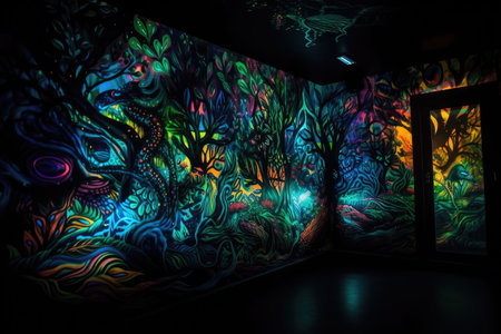 blacklight and uv-reactive mural on the wall of a dark room, created with generative aiの素材
