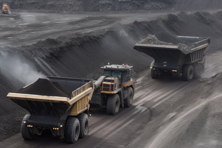 coal mining operation, with trucks and mining equipment moving in and out of the mine, created with generative aiの素材