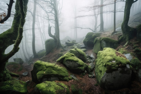 foggy forest with ancient trees and mossy rocks, created with generative aiの素材