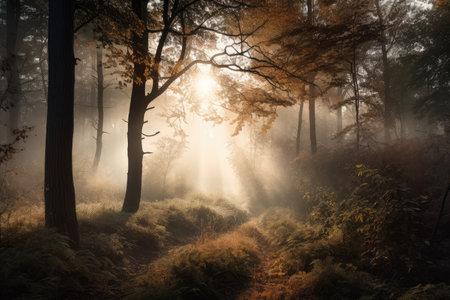 forest with misty fog and sun peeking through the trees, created with generative aiの素材
