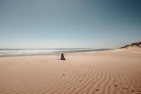 person, basking in the sun, on deserted beach, created with generative aiの素材