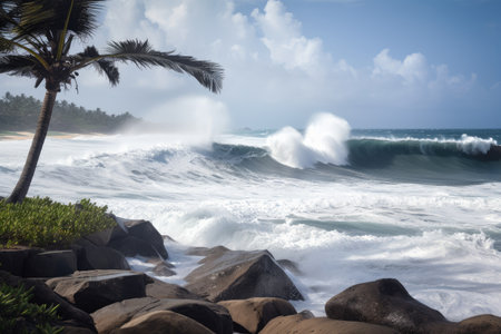 oceandscape with waves crashing against the shore, with palm trees in the background, created with generative aiの素材