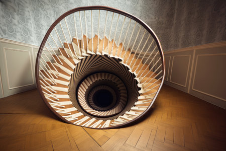 optical illusion of a spiraling staircase, featured on a flat surface, created with generative aiの素材
