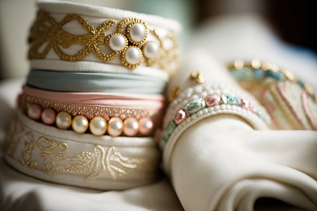 row of delicate bracelets on white tablecloth, created with generative aiの素材